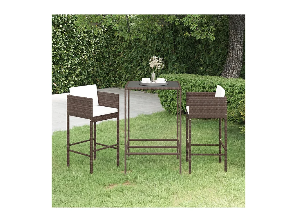 Meubles de bar de jardin 3pcs et coussins Résine tressée Marron