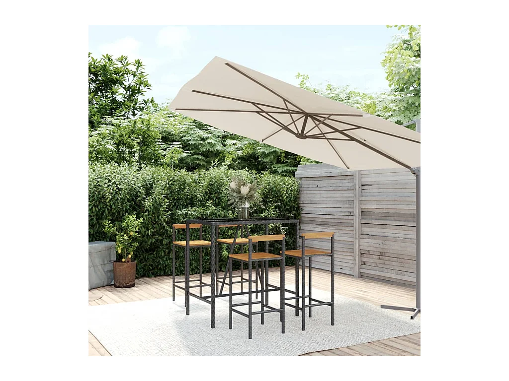 Ensemble de bar jardin 5 pcs noir poly rotin/bois massif acacia