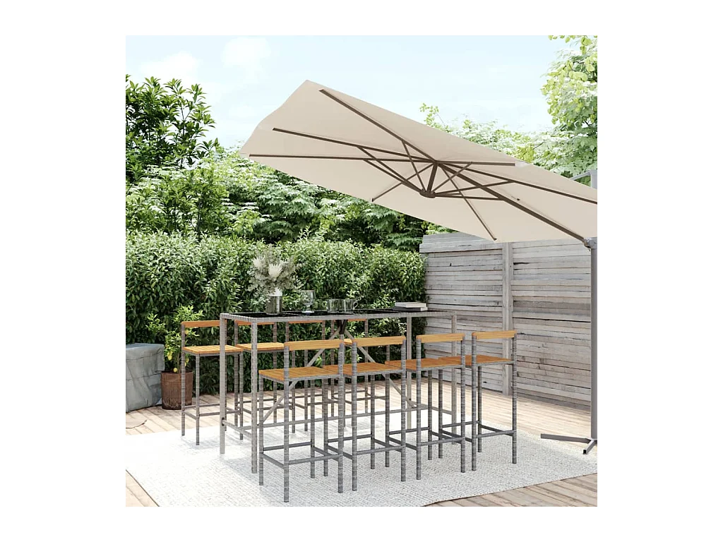 Set Bar Giardino 9pz Grigio Polyrattan e Legno Massello Acacia