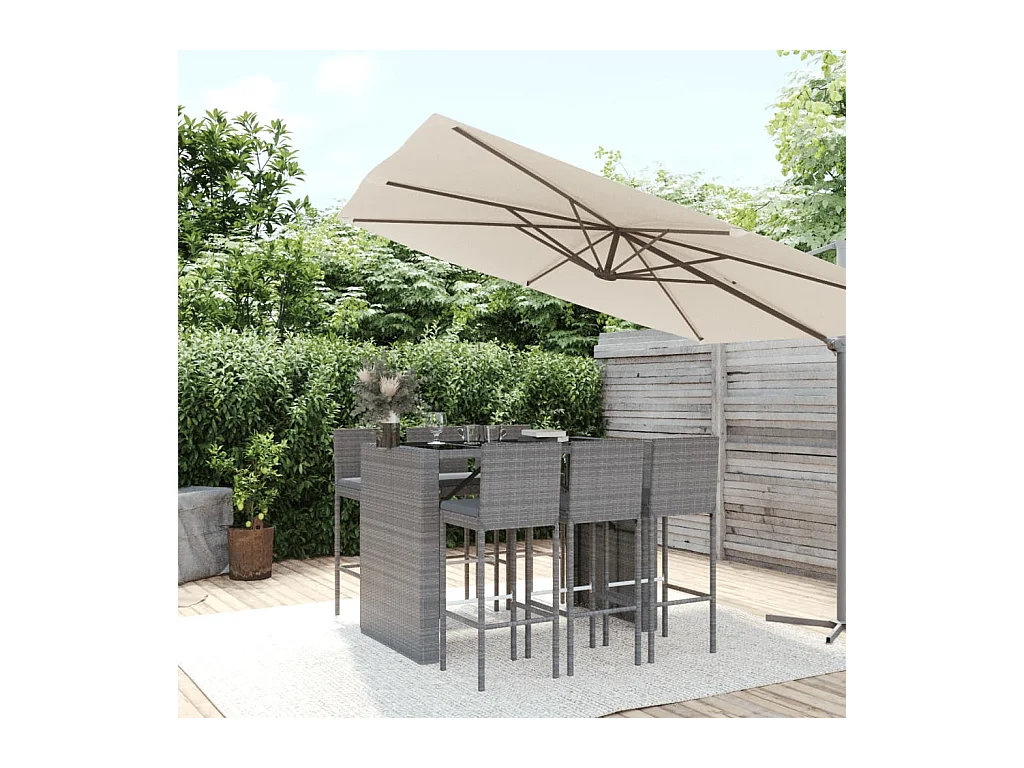 Set Bar da Giardino 7 pz con Cuscini in Polyrattan Grigio