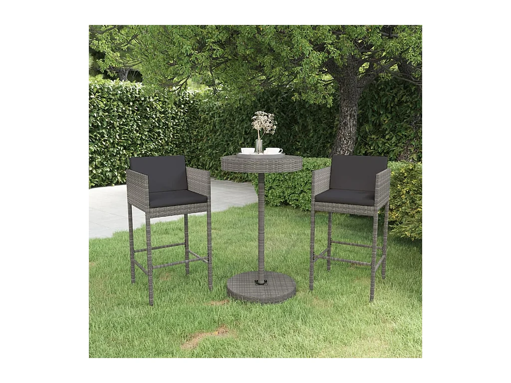Ensemble de bar de jardin 3 pcs et coussins Résine tressée Gris