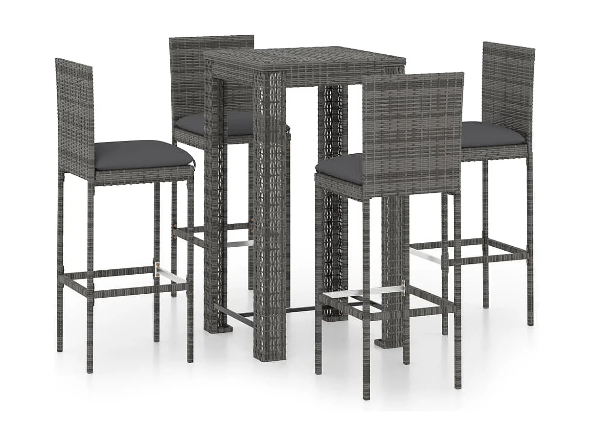 5-tlg. Gartenbar-Set mit Kissen Poly Rattan Grau