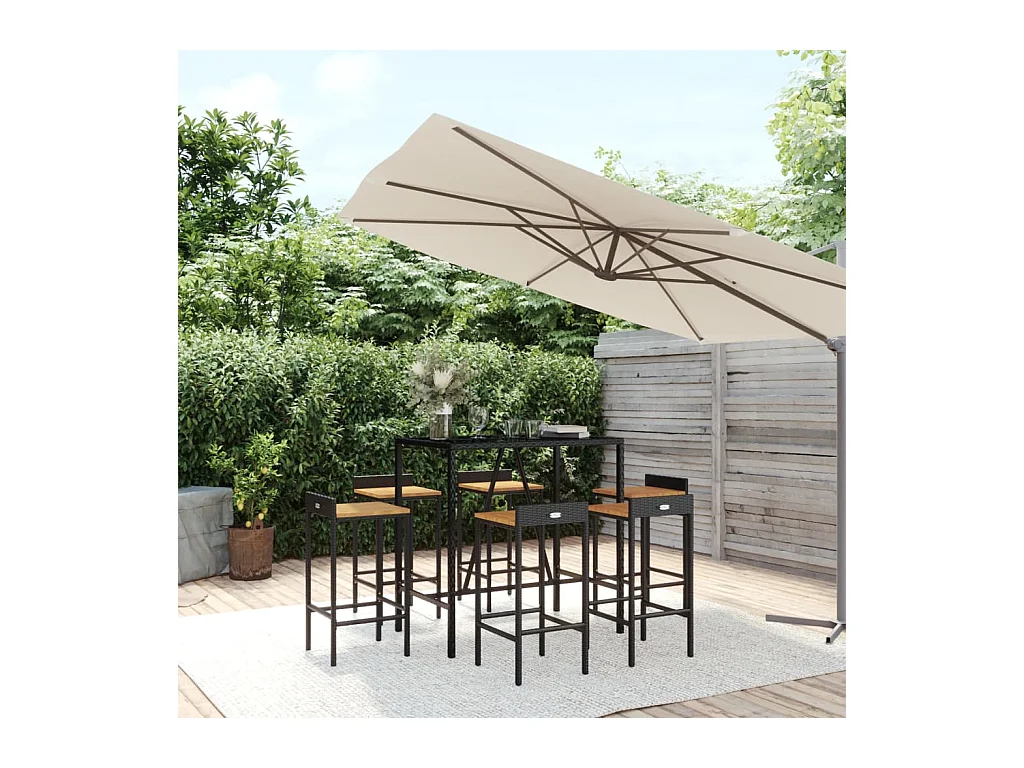 Ensemble de bar jardin 7 pcs noir poly rotin/bois massif acacia