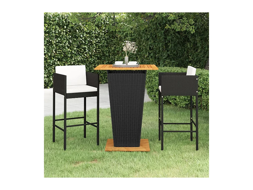 Ensemble de bar de jardin 3 pcs et coussins Résine tressée Noir