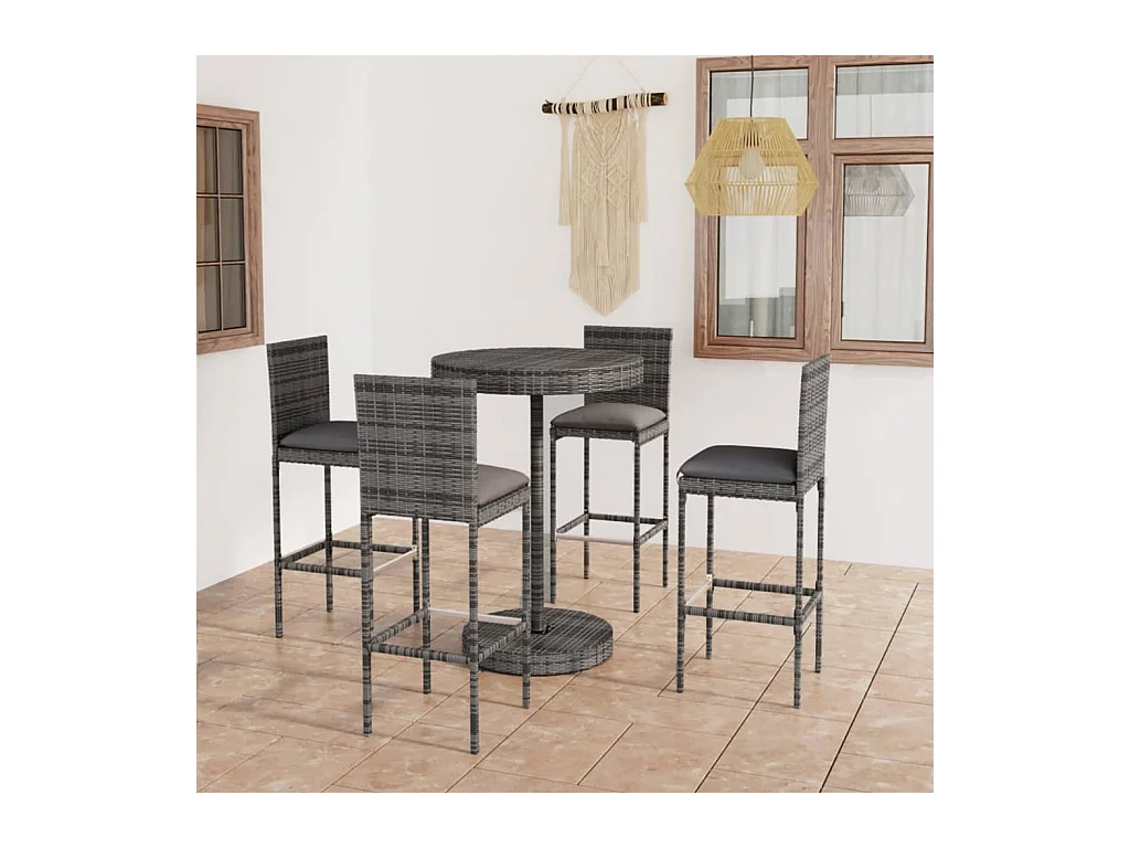 Ensemble de bar de jardin 5 pcs et coussins Résine tressée Gris