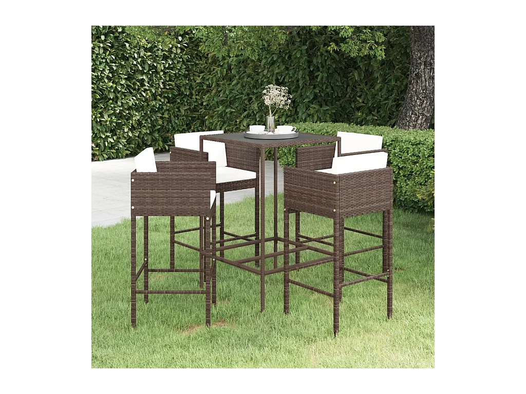 Ensemble bar de jardin 5 pcs et coussins Résine tressée Marron
