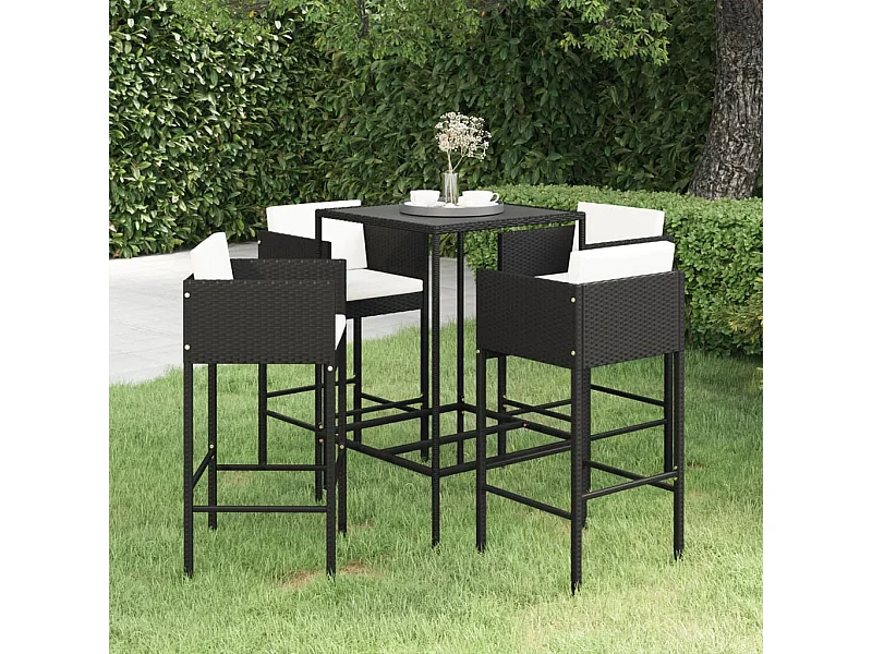 Set Bar da Giardino 5 pz con Cuscini in Polyrattan Nero