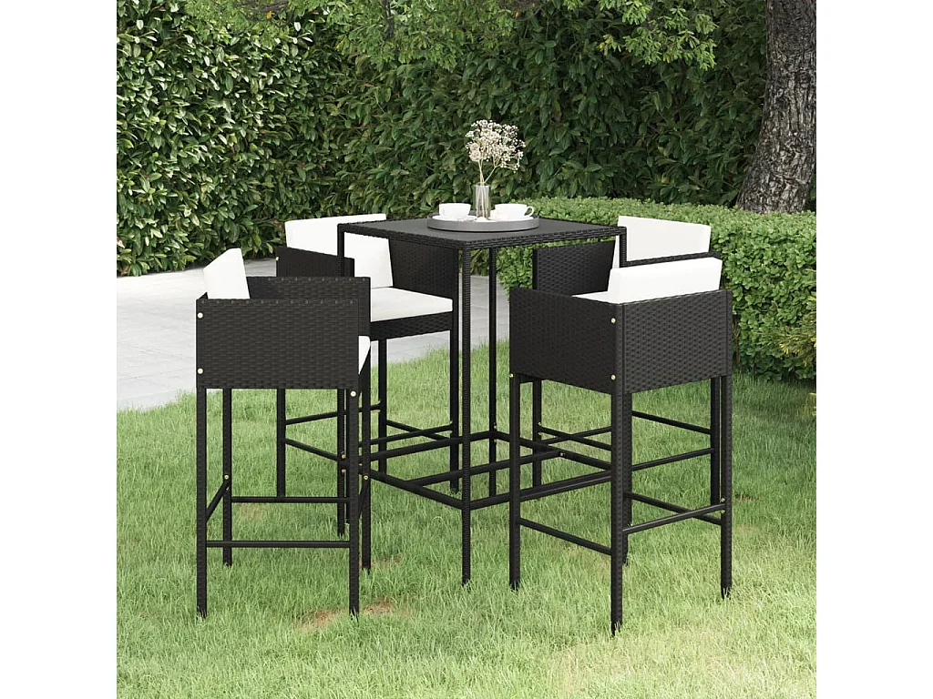 Ensemble de bar de jardin 5 pcs et coussins Résine tressée Noir