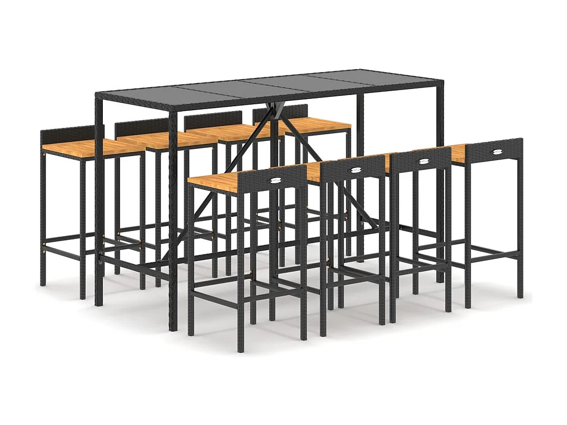 Ensemble de bar jardin 9 pcs noir poly rotin/bois massif acacia