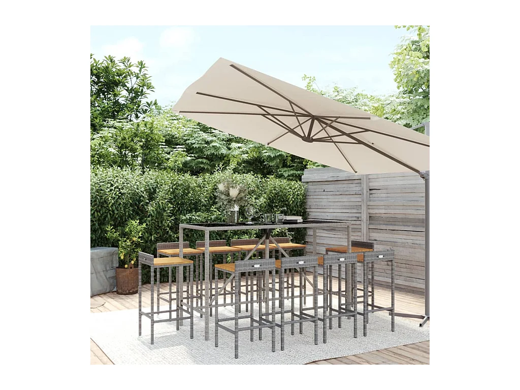Ensemble de bar jardin 11pcs gris poly rotin/bois massif acacia