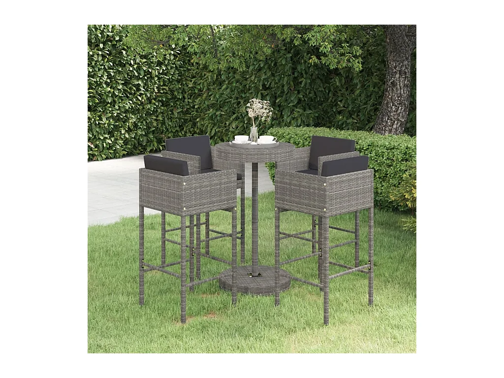 Set da Bar da Giardino 5 pz con Cuscini in Polyrattan Grigio