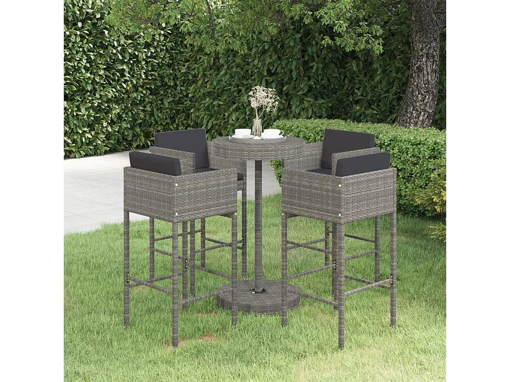 Ensemble de bar de jardin 5 pcs et coussins Résine tressée Gris