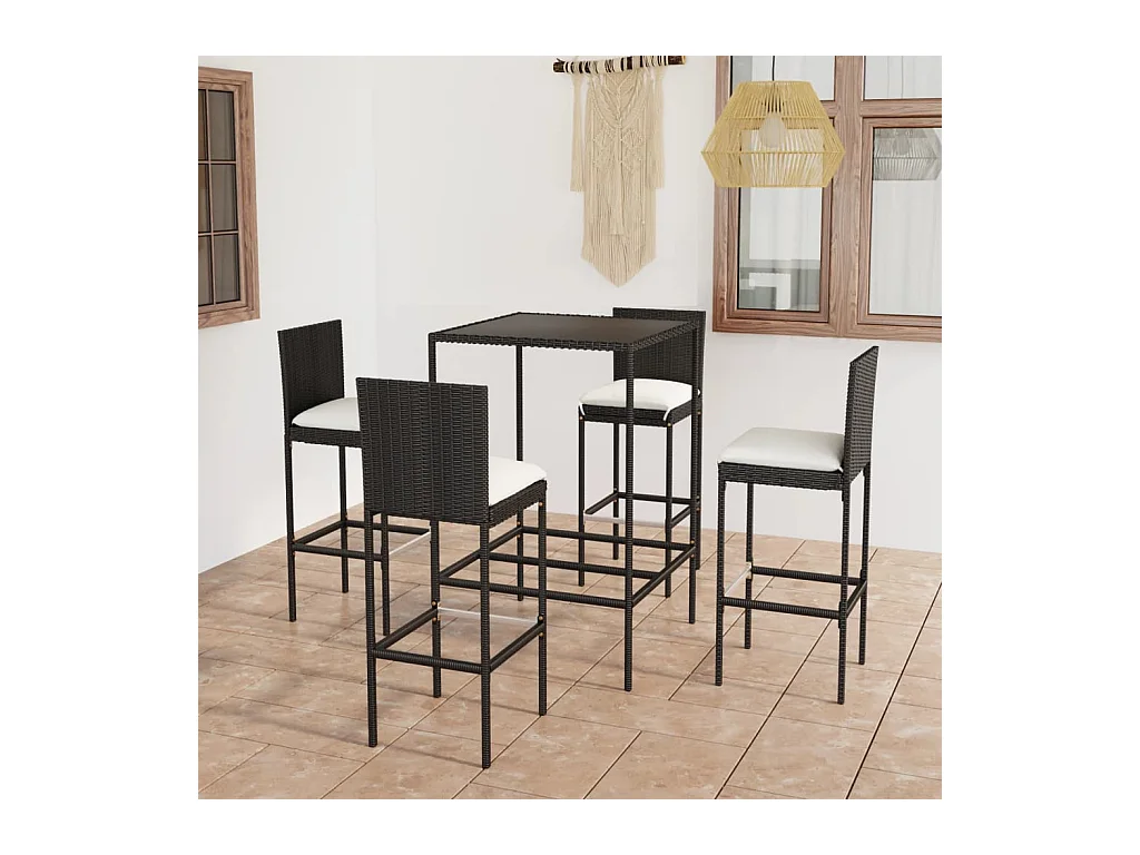 Ensemble de bar de jardin 5 pcs et coussins Résine tressée Noir