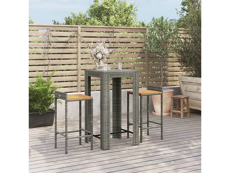 Set Bar Giardino 3pz Grigio Polyrattan e Legno Massello Acacia