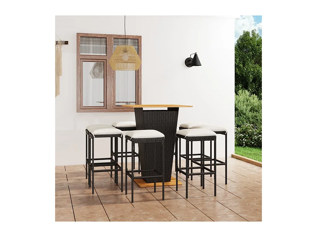 Ensemble de bar de jardin 9 pcs et coussins Résine tressée Noir