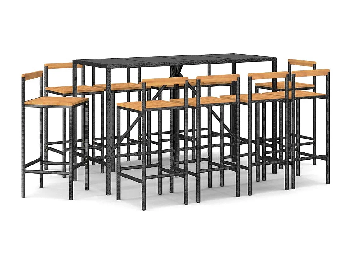 11-tlg. Gartenbar-Set Schwarz Poly Rattan & Massivholz Akazie