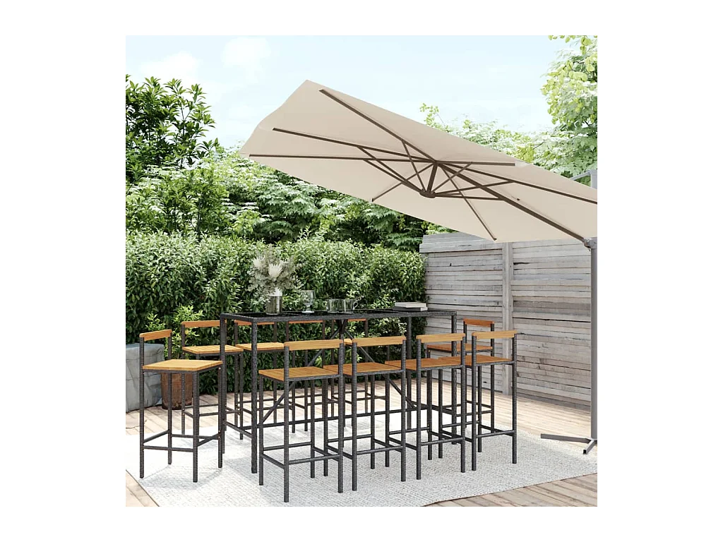 Ensemble de bar jardin 11pcs noir poly rotin/bois massif acacia