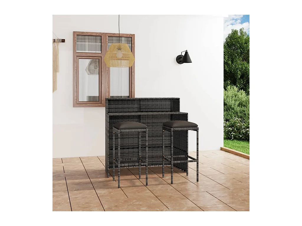 Ensemble de bar de jardin avec coussins 3 pcs Gris