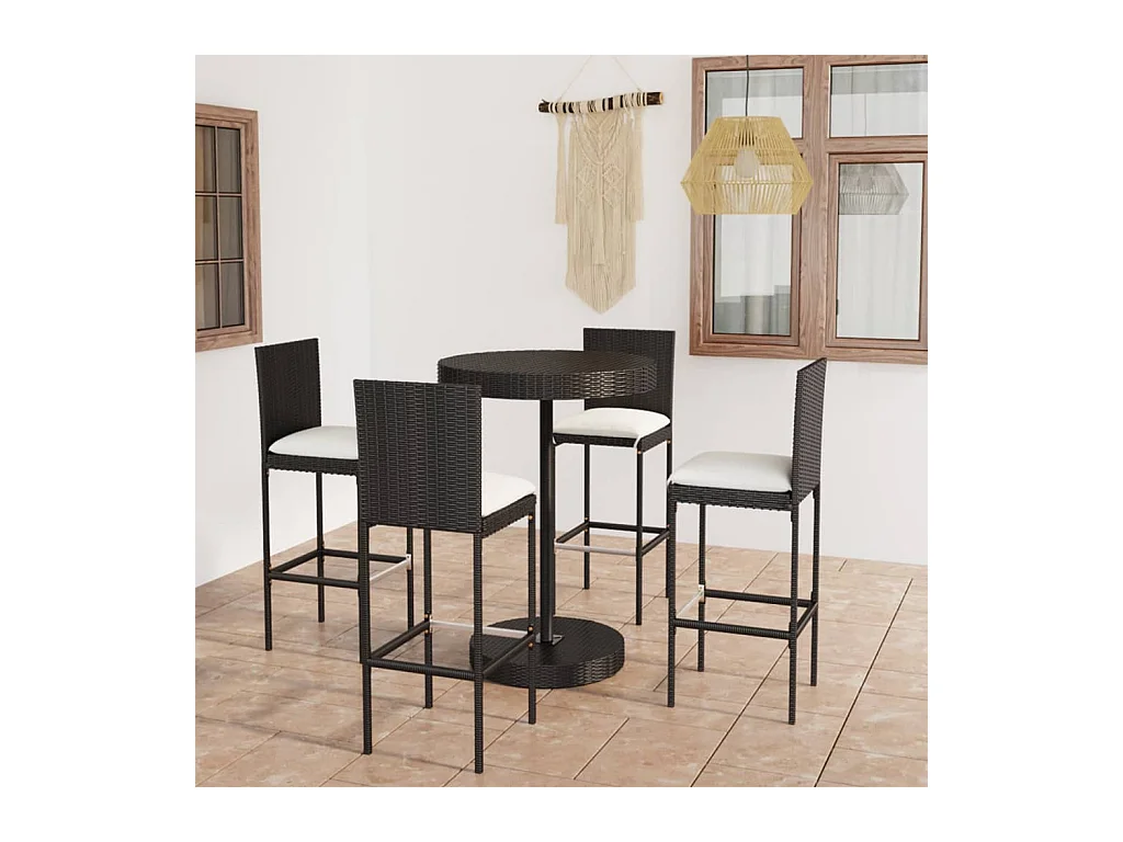 Ensemble de bar de jardin 5 pcs et coussins Résine tressée Noir