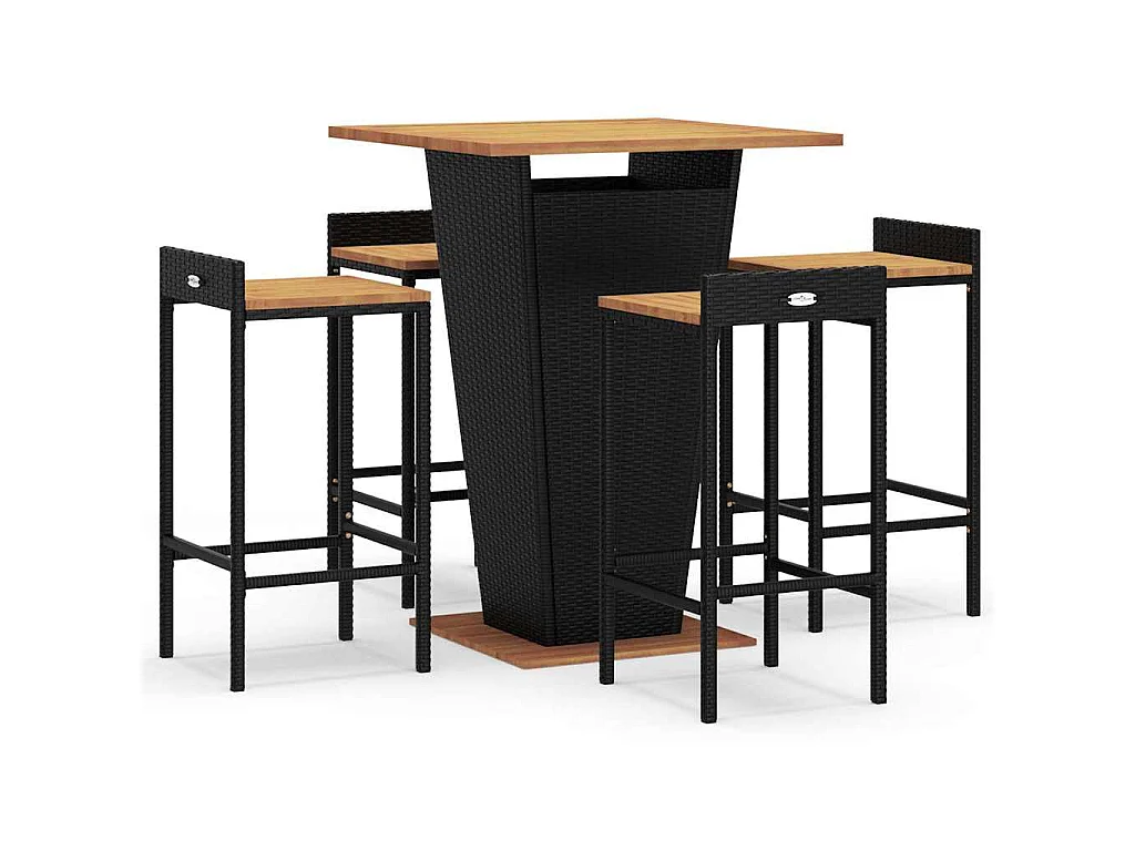 Set Bar Giardino 5 pz Nero Polyrattan e Legno Massello Acacia