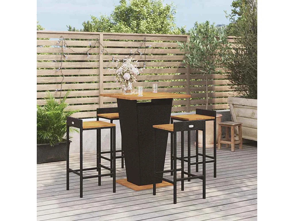 Set Bar Giardino 5 pz Nero Polyrattan e Legno Massello Acacia
