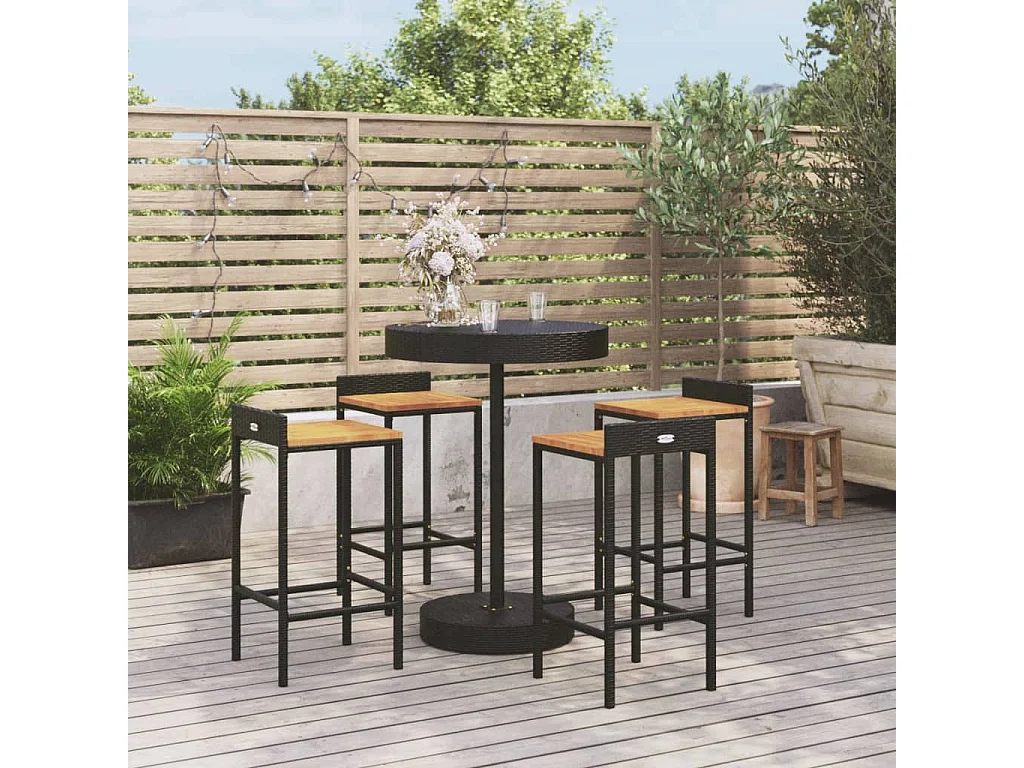 5-tlg. Gartenbar-Set Schwarz Poly Rattan & Massivholz Akazie