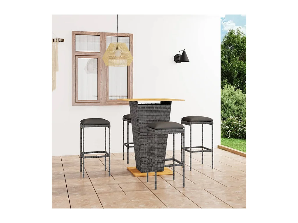 Ensemble de bar de jardin 5 pcs et coussins Résine tressée Gris