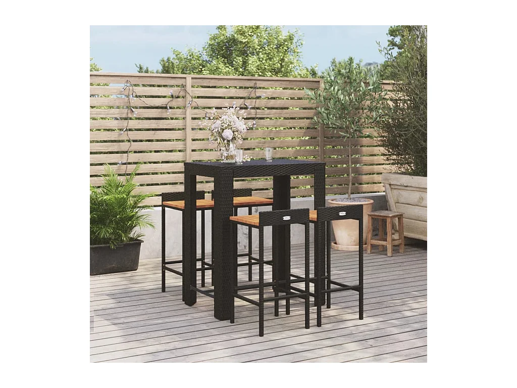Ensemble de bar jardin 5 pcs noir poly rotin/bois massif acacia