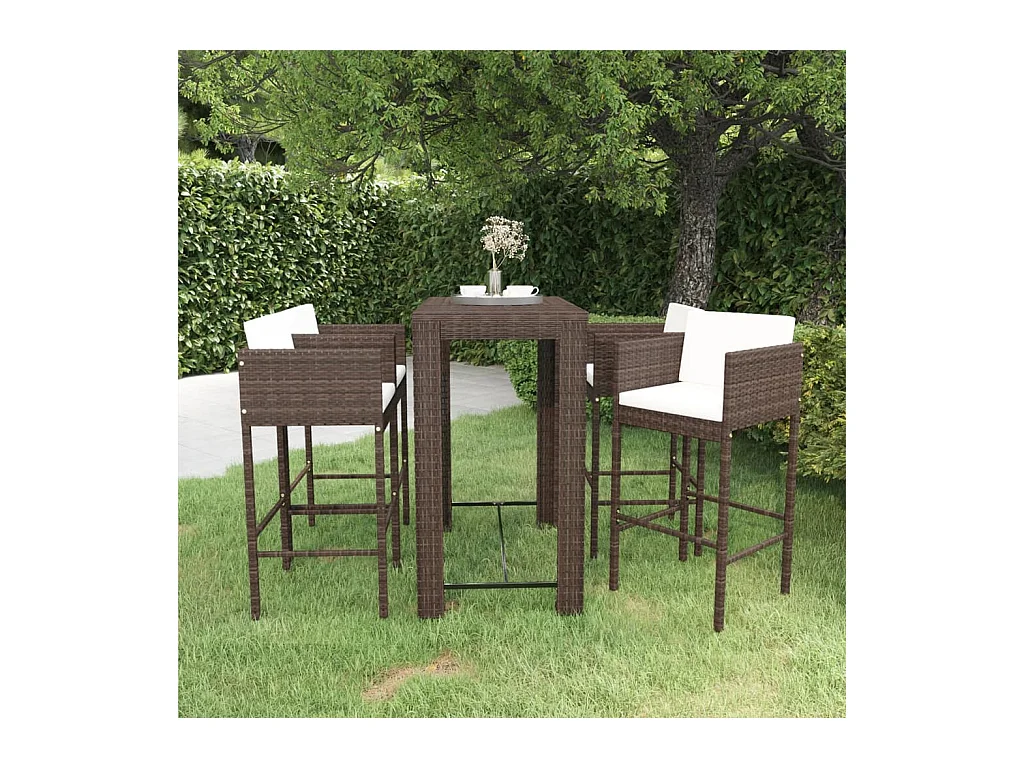 Ensemble bar de jardin 5 pcs et coussins Résine tressée Marron