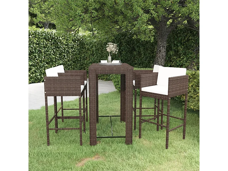 Ensemble bar de jardin 5 pcs et coussins Résine tressée Marron