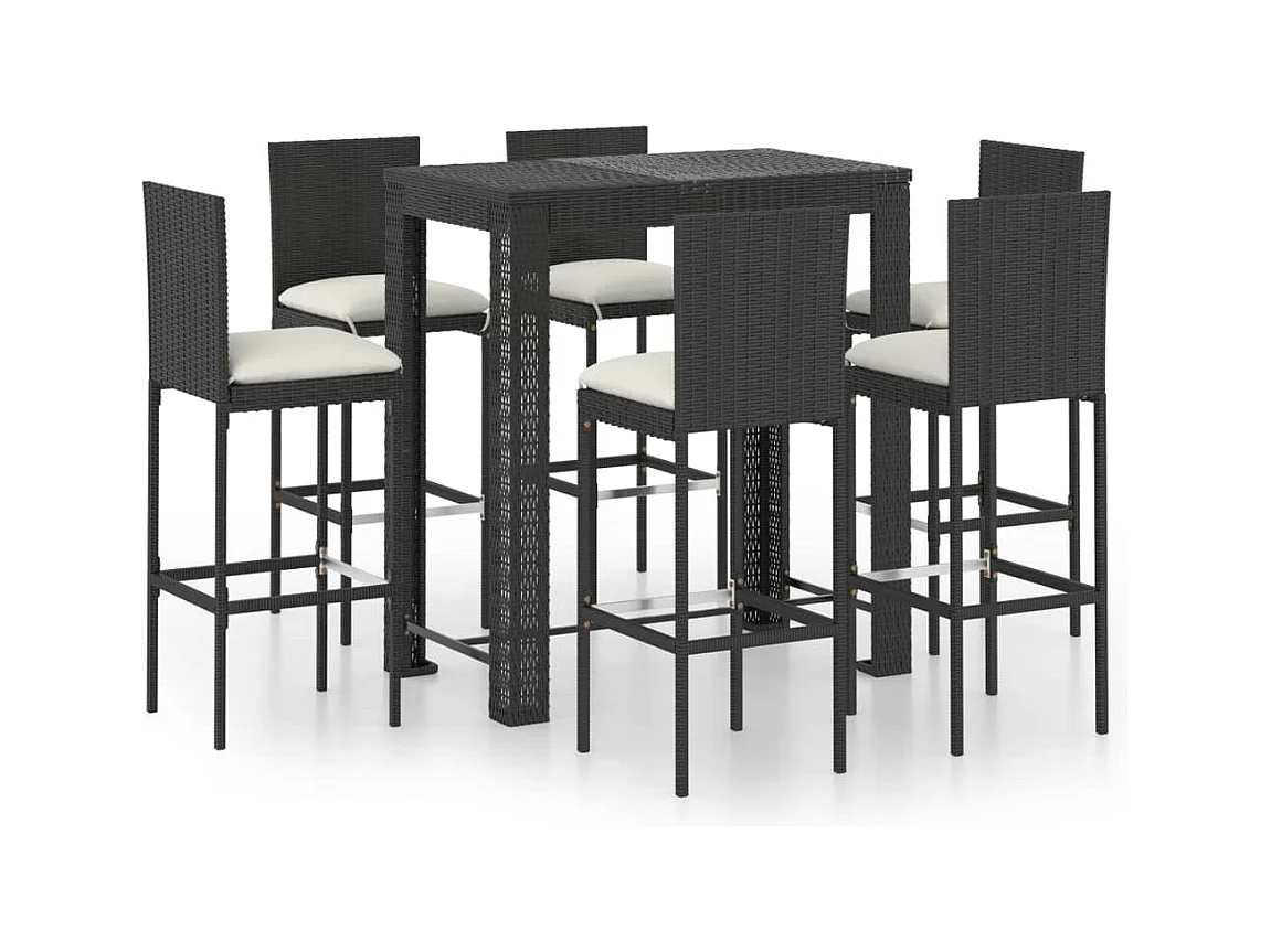 Ensemble de bar d'extérieur 7 pcs coussins Résine tressée Noir