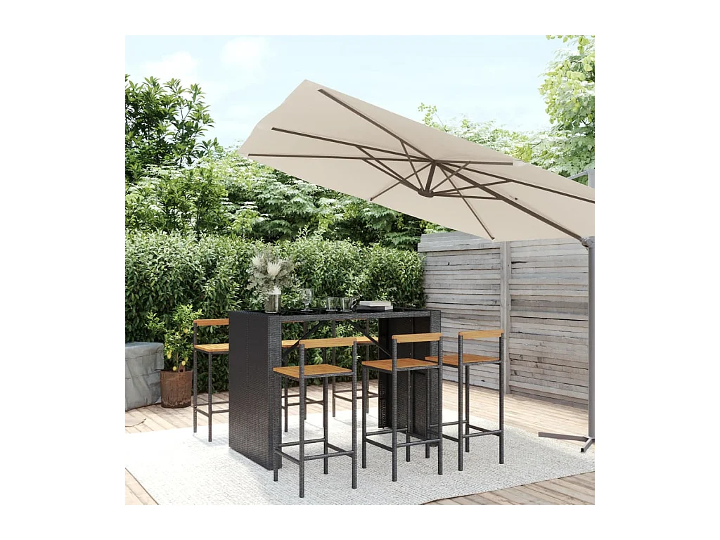 Ensemble de bar jardin 7 pcs noir poly rotin/bois massif acacia