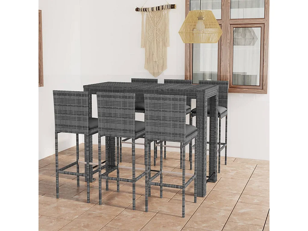 Set Bar da Giardino 7 pz con Cuscini in Polyrattan Antracite