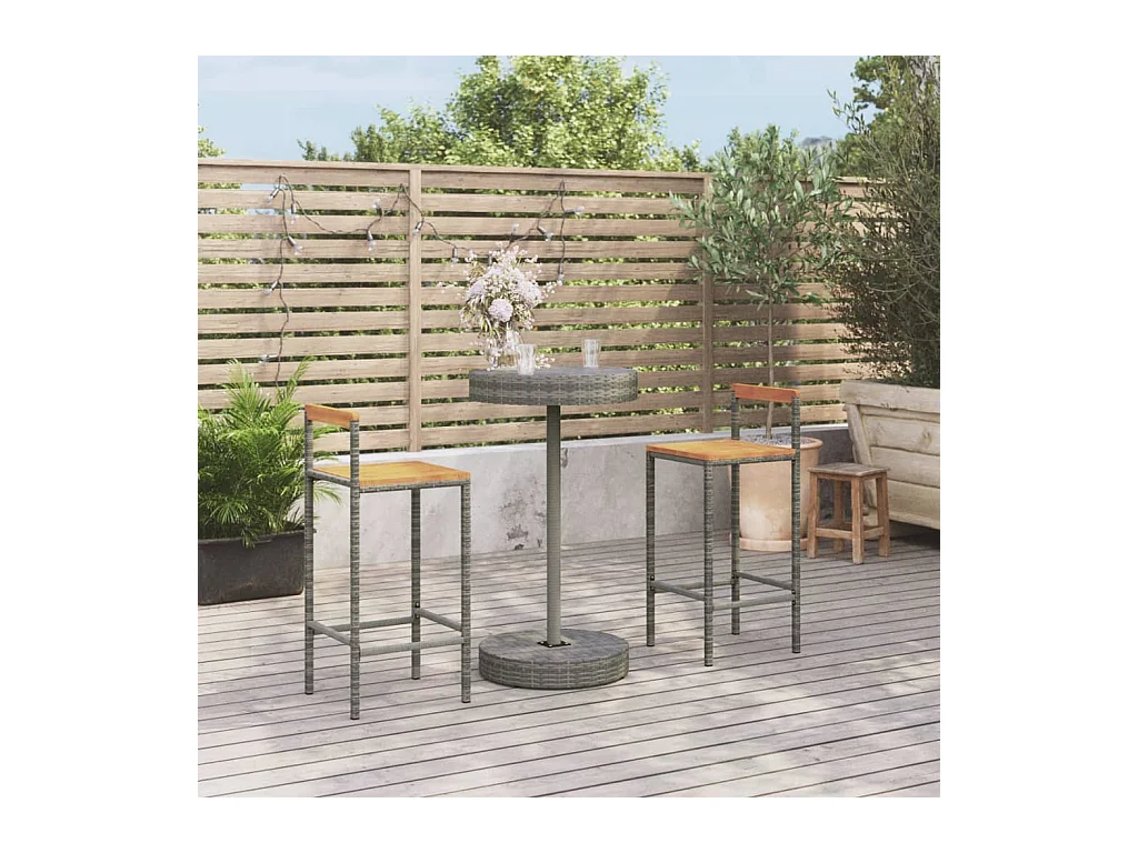 Ensemble de bar jardin 3 pcs gris poly rotin/bois massif acacia