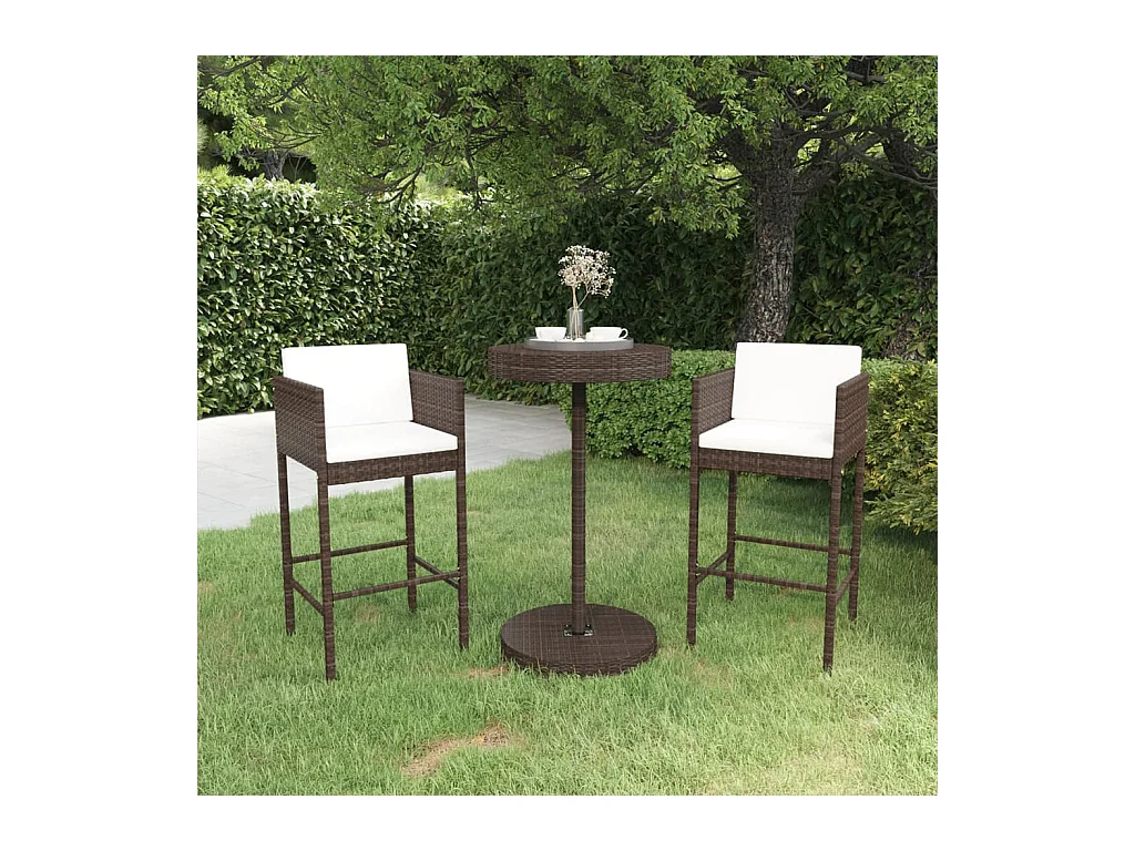 Meubles de bar de jardin 3pcs et coussins Résine tressée Marron