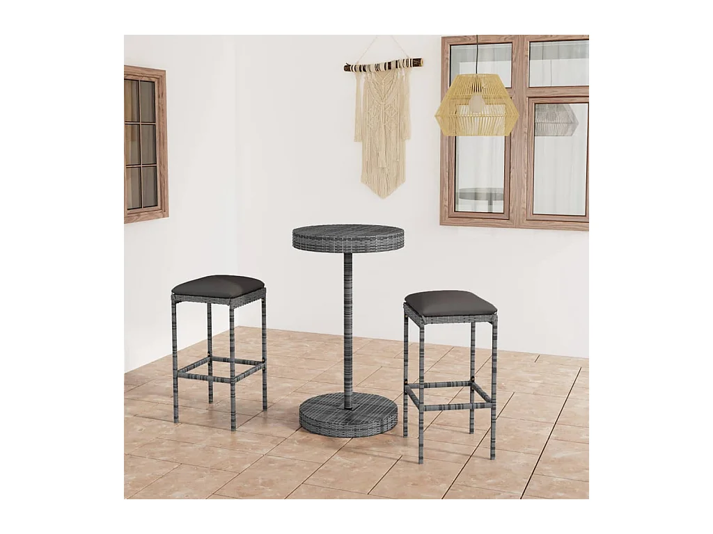 Ensemble de bar de jardin 3 pcs et coussins Résine tressée Gris