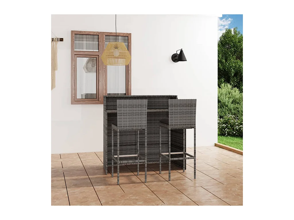 Ensemble de bar de jardin avec coussins 3 pcs Gris