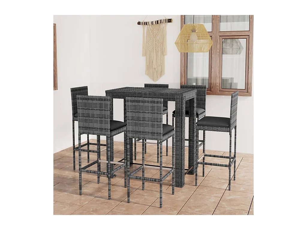 Ensemble de bar d'extérieur 7 pcs coussins Résine tressée Gris