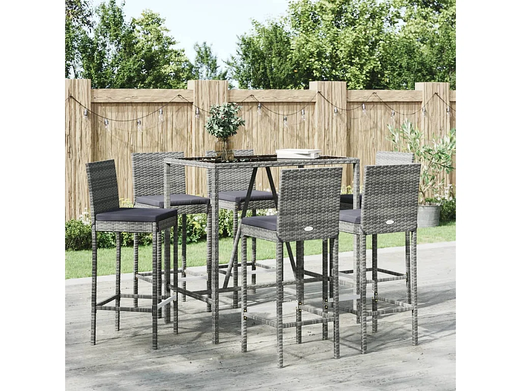 7-tlg. Gartenbar-Set mit Kissen Grau Poly Rattan