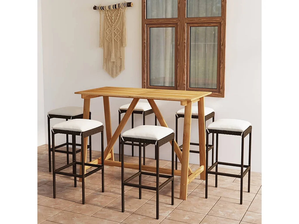 7 pcs conjunto de bar p/ jardim com almofadões castanho