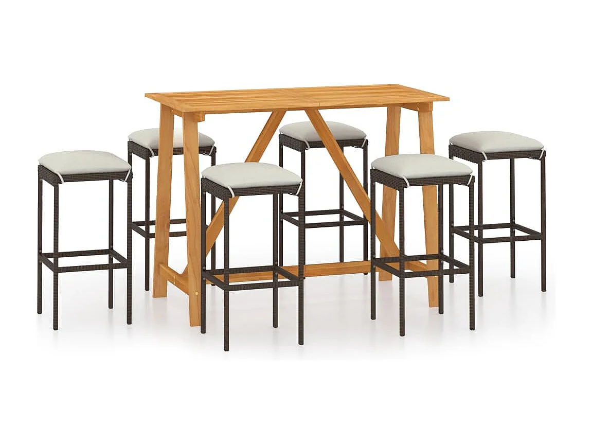 7 pcs conjunto de bar p/ jardim com almofadões castanho