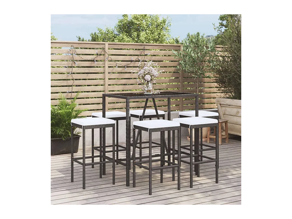 Ensemble de bar de jardin 7 pcs avec coussins noir poly rotin