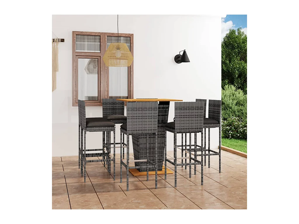 Ensemble de bar de jardin 9 pcs et coussins Résine tressée Gris