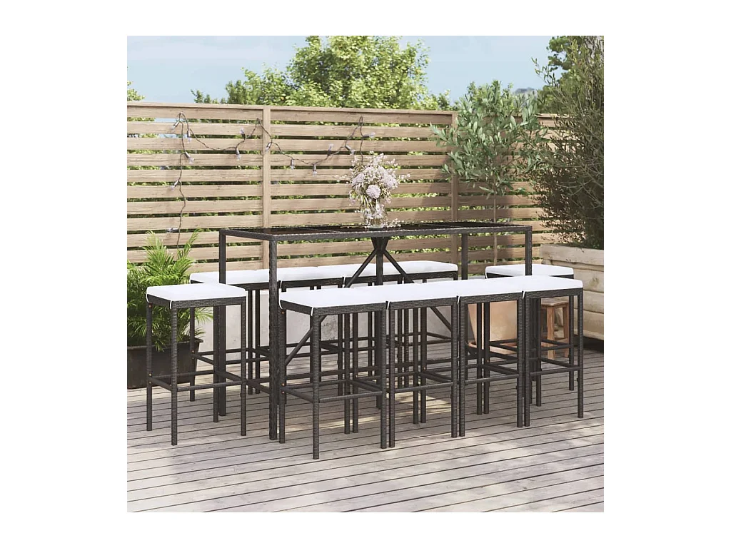 Set Bar da Giardino 11 pz con Cuscini in Polyrattan Nero