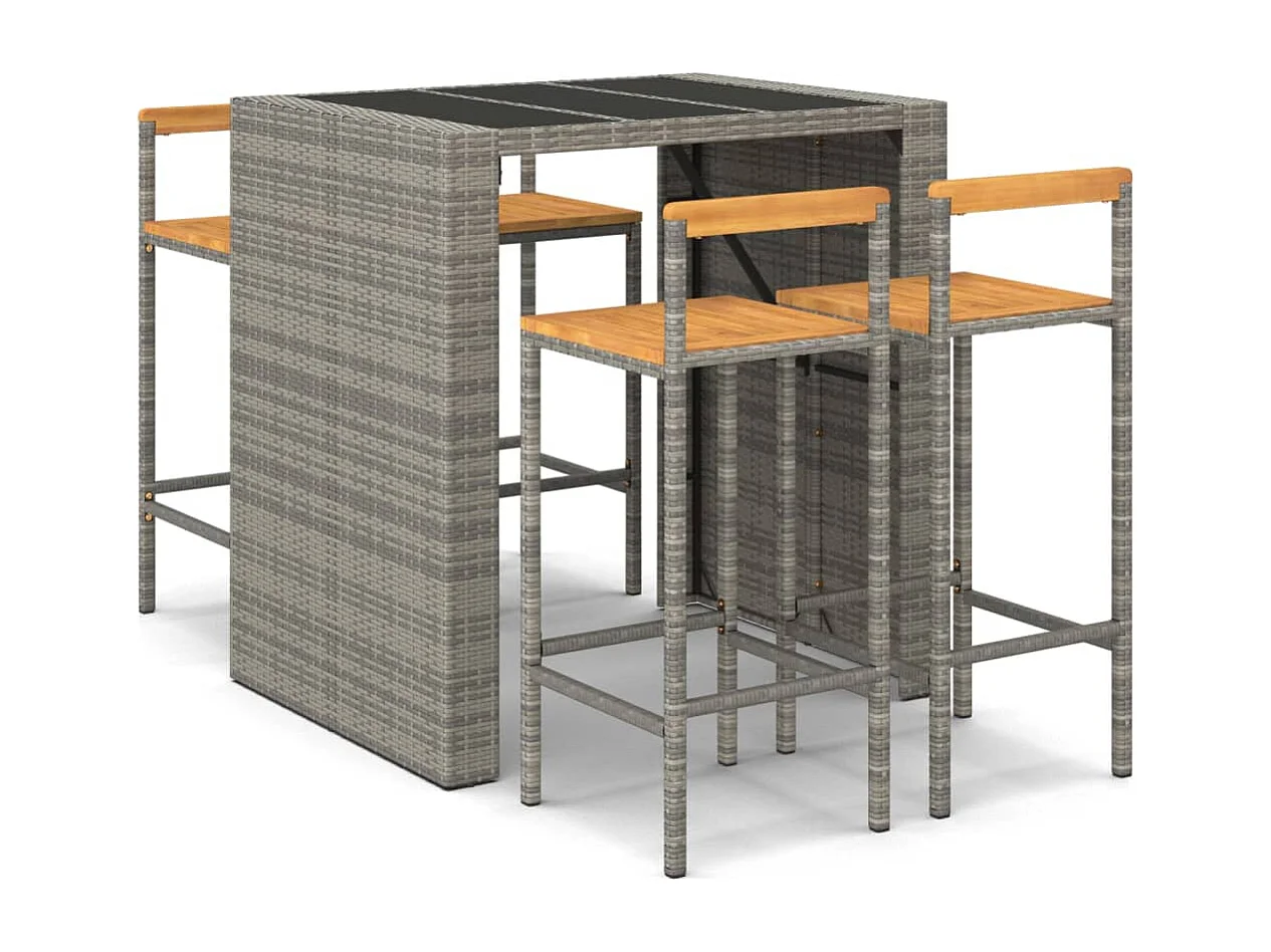 Set Bar Giardino 5pz Grigio Polyrattan e Legno Massello Acacia
