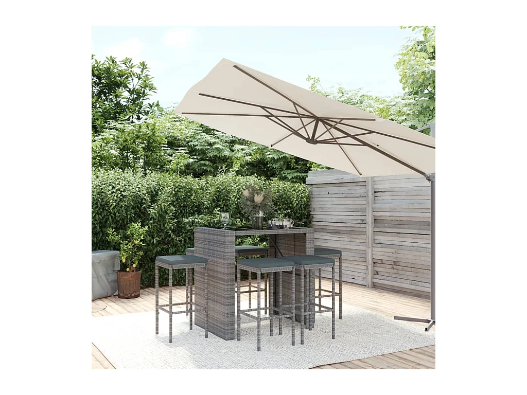 Ensemble de bar de jardin 7 pcs avec coussins gris poly rotin