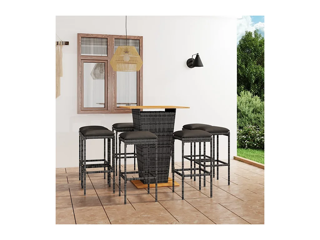 Set da Bar per Giardino 9 pz con Cuscini in Polyrattan Grigio