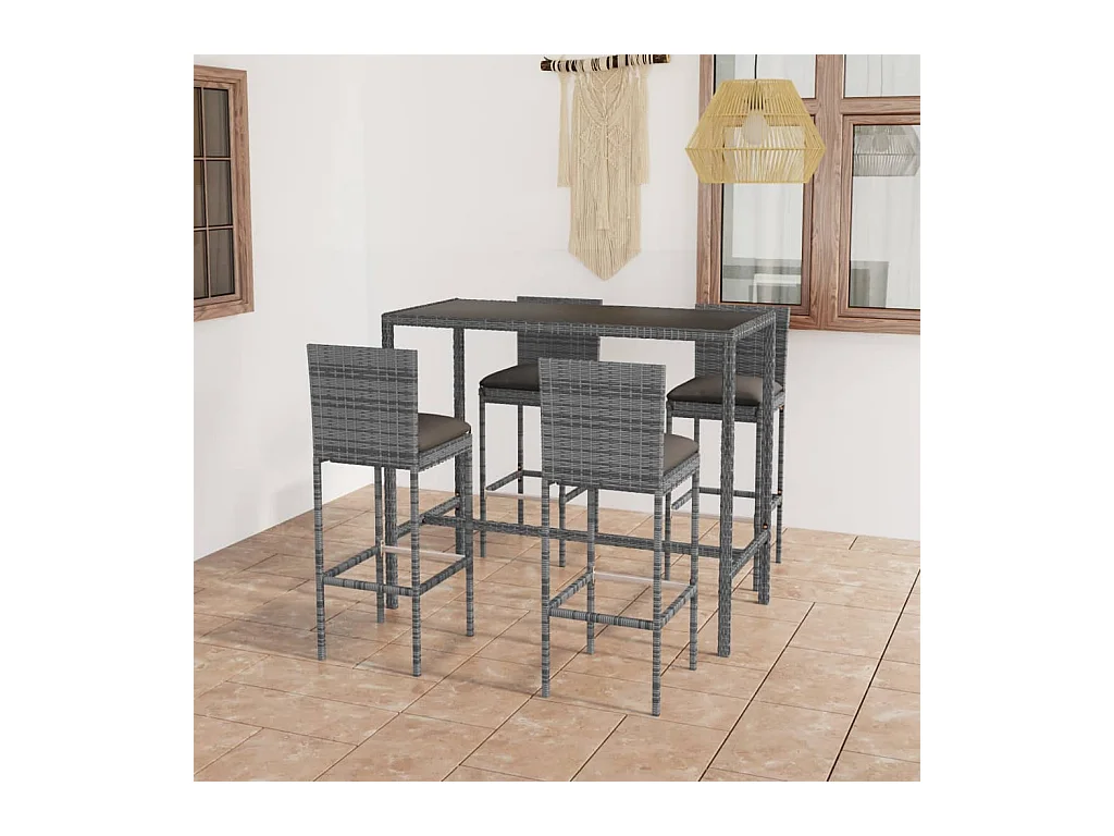 Ensemble de bar de jardin 5 pcs et coussins Résine tressée Gris