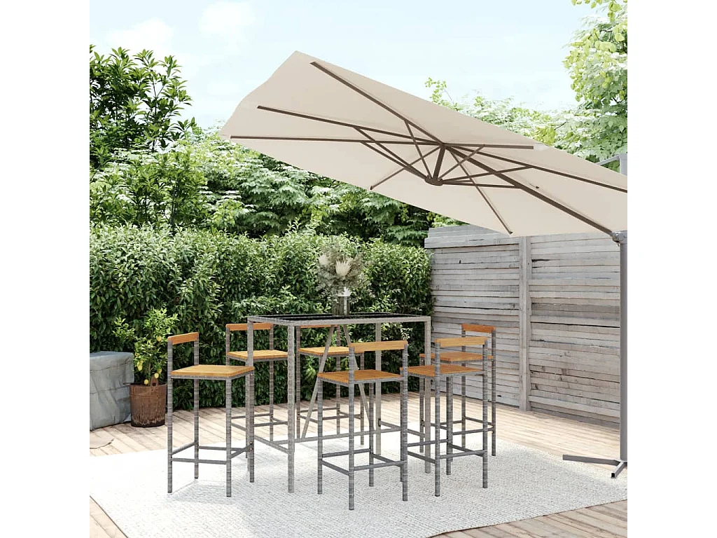 7-delige Tuinbarset poly rattan en massief acaciahout grijs