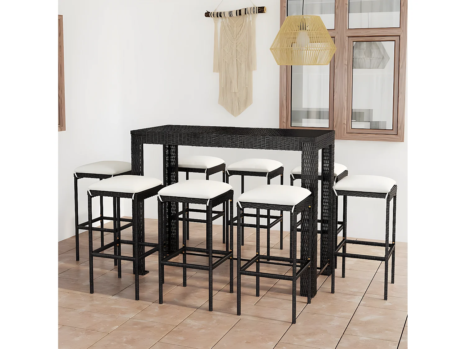 Ensemble de bar de jardin 9 pcs et coussins Résine tressée Noir